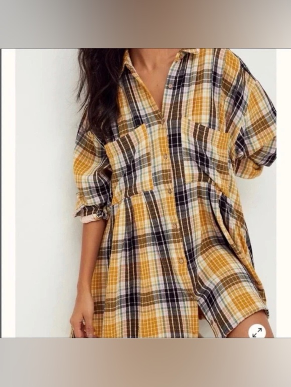 Free People Mustard Plaid Button-Front Tunic